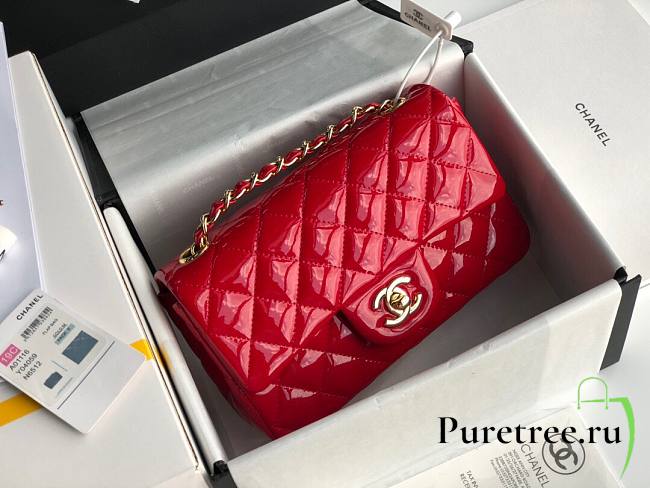 Chanel Quilted Patent Leather Small Flap Bag Red/ Gold 20cm - 1