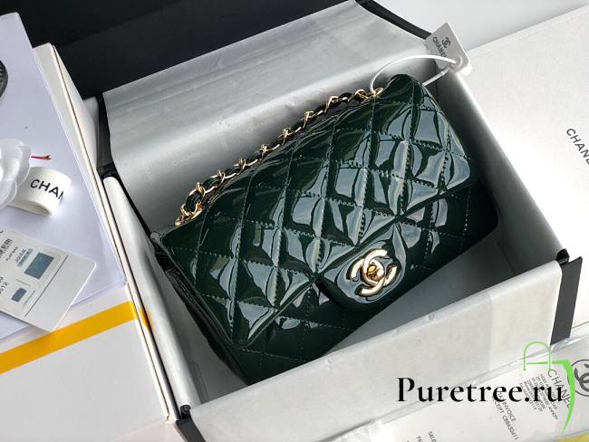 Chanel Quilted Patent Leather Small Flap Bag Green/ Gold 20cm - 1