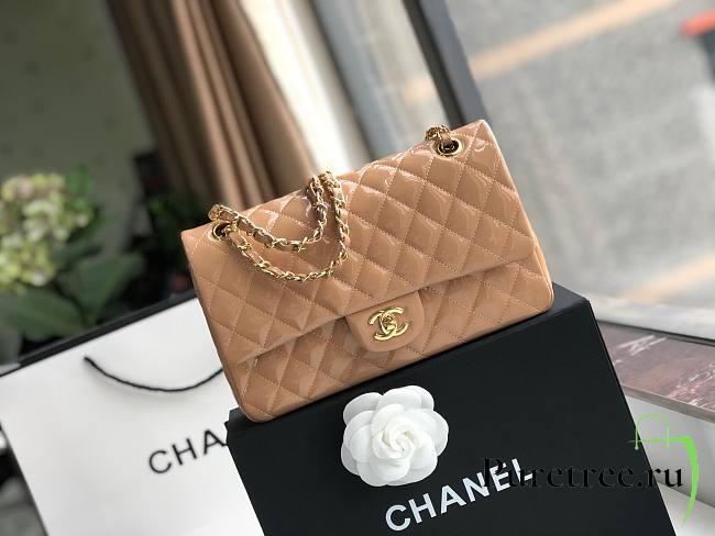 Chanel Quilted Patent Leather Double Flap Bag Beige / Gold 25 cm - 1