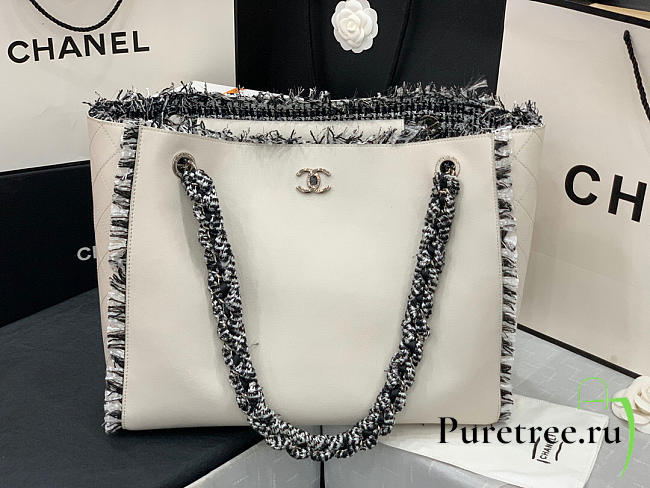 Chanel Leather Tweed Charm Shopping Bag White 2021 - 1