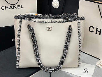 Chanel Leather Tweed Charm Shopping Bag White 2021