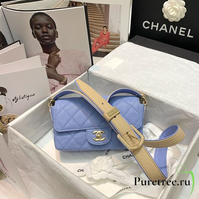 Chanel Quilted Grained Calfskin Flap Bag with Belt Strap Blue | AS2273  - 1