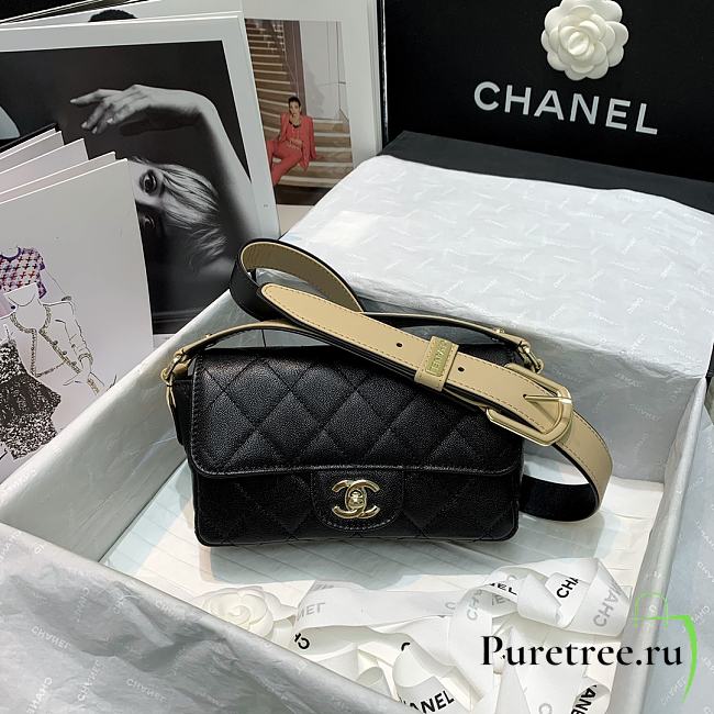 Chanel Quilted Grained Calfskin Flap Bag with Belt Strap Black | AS2273 - 1