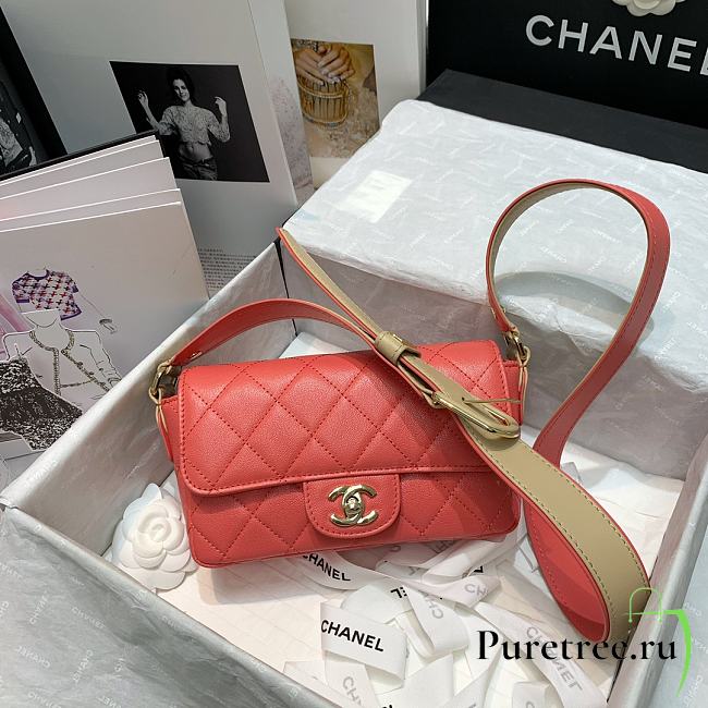 Chanel Quilted Grained Calfskin Flap Bag with Belt Strap Orange | AS2273 - 1