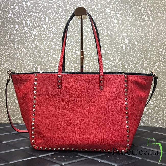 Valentino Grain Calfskin Leather Rockstud Reversible Tote Shopping Bag in Red 33cm - 1