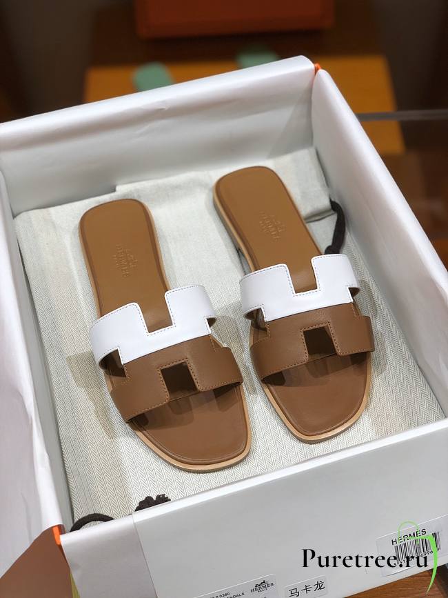 Hermes Slippers White/ Brown - 1