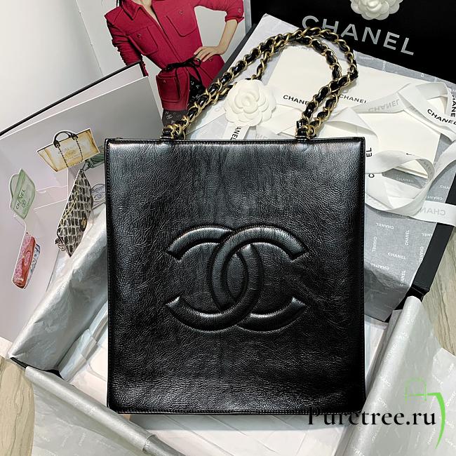 Chanel | Shiny Black Aged Calfskin Shopping Bag - 32 x 30 x 10 cm - 1