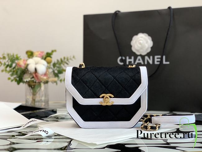 Chanel | MINI FLAP BAG Velvet & Gold-Tone Metal Black /White - AS2597   - 1
