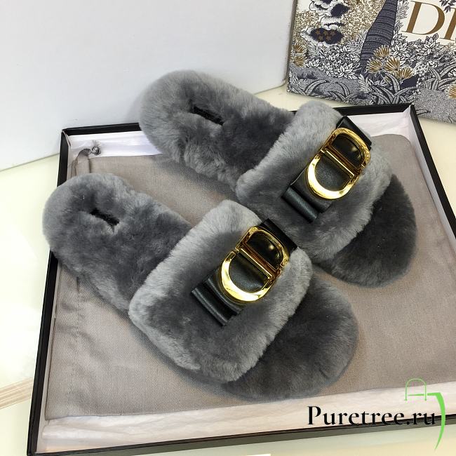 DIOR | CD Christian Dior Grey Wool Fur Slides - 1