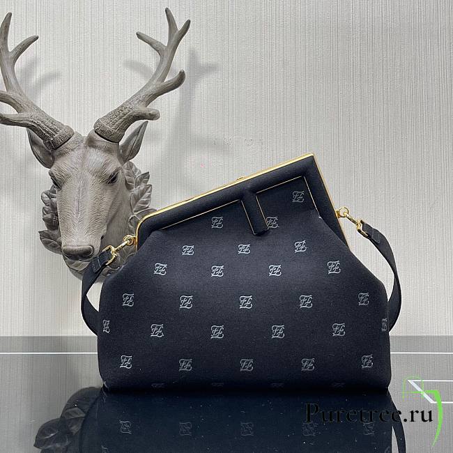 FENDI | First Medium Black flannel bag with embroidery - 8BP127 - 32.5x15x23.5cm - 1