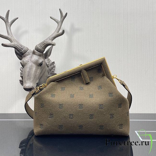 FENDI | First Medium Olive Green flannel bag with embroidery - 8BP127 - 1