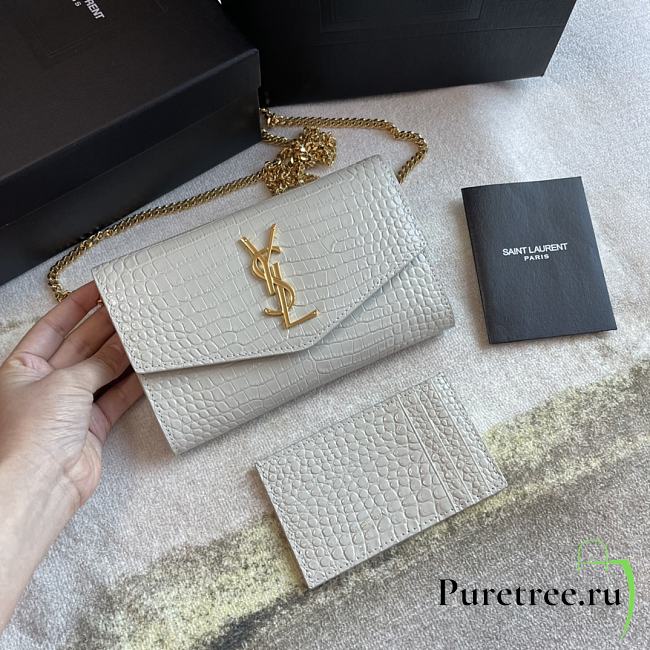 YSL | Uptown Chain Wallet In White Crocodile - 607788 - 19x12x4cm - 1