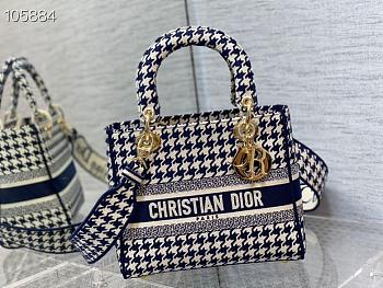DIOR | Medium Lady D-lite Bag Blue Houndstooth Embroidery M0565 - 24cm