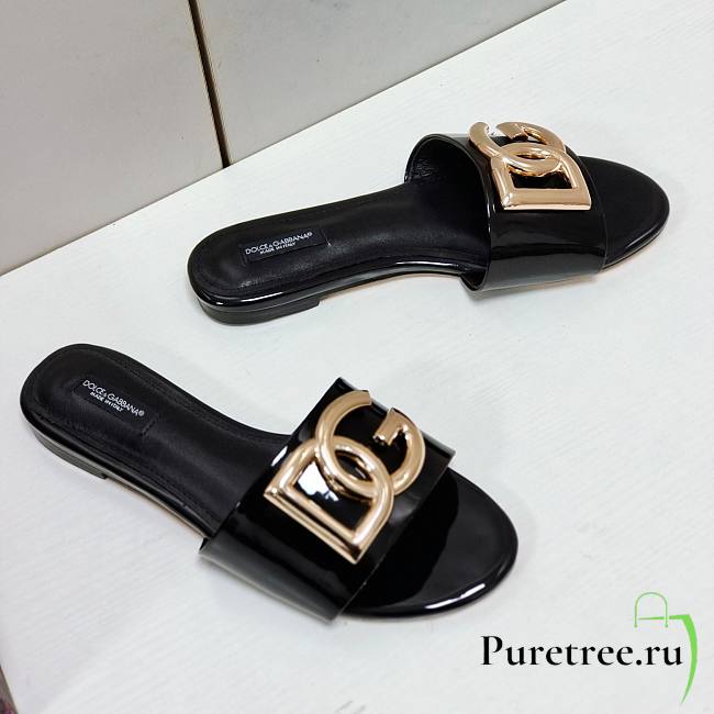 Dolce & Gabbana | Shiny Leather Black Slippers With DG Logo - 1