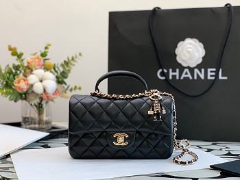 CHANEL | Handle Flap Bag Black Lambskin With Charm - 20 x 13 x 9cm