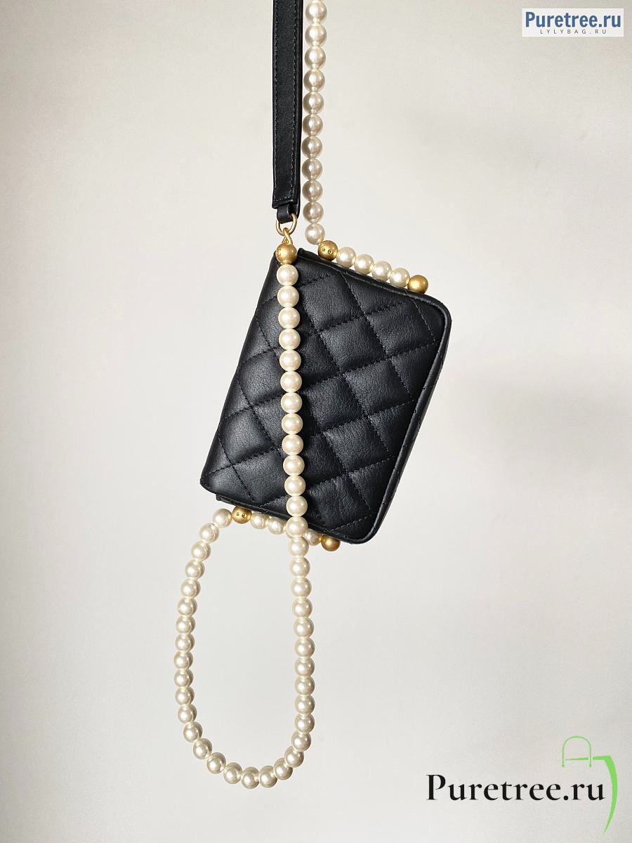 CHANEL  Mini Wallet On Chain Black Lambskin With Pearl Strap - 12 x 9 x  4cm 