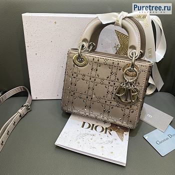 DIOR | Mini Lady Dior Bag Platinum Metallic Strass Cannage Satin M0505 - 17 x 15 x 7cm