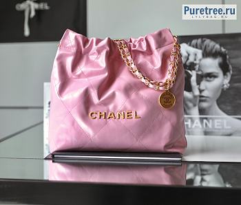 CHANEL | 22 Small Handbag Pink Shiny Calfskin & Gold Metal - 35 x 37 x 7cm