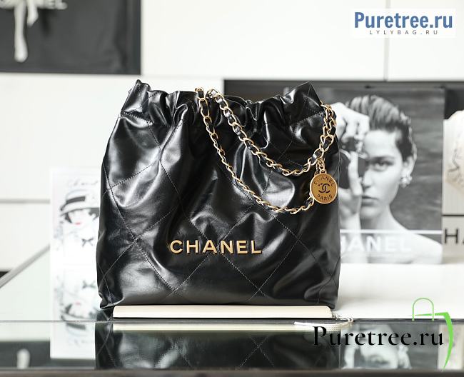 CHANEL | 22 Small Handbag Black Shiny Calfskin & Gold Metal - 35 x 37 x 7cm - 1