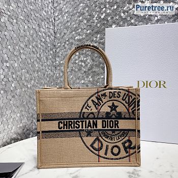 DIOR | Medium Book Tote Beige Jute Canvas Embroidered With Union Motif - 36cm