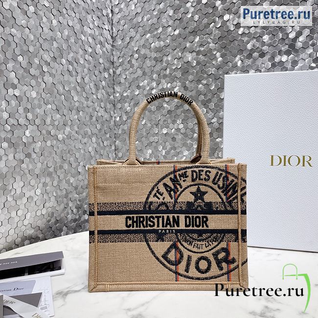 DIOR | Small Book Tote Beige Jute Canvas Embroidered With Union Motif - 26.5cm - 1