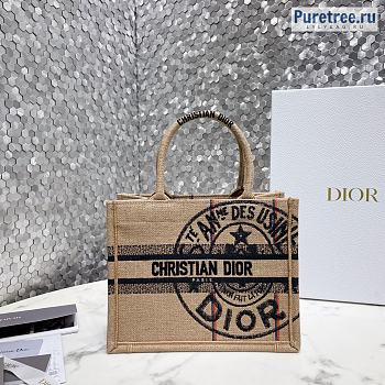 DIOR | Small Book Tote Beige Jute Canvas Embroidered With Union Motif - 26.5cm