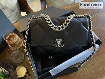 CHANEL | 19 Handbag Black Lambskin With Silver Hardware - 30 x 20 x 10cm