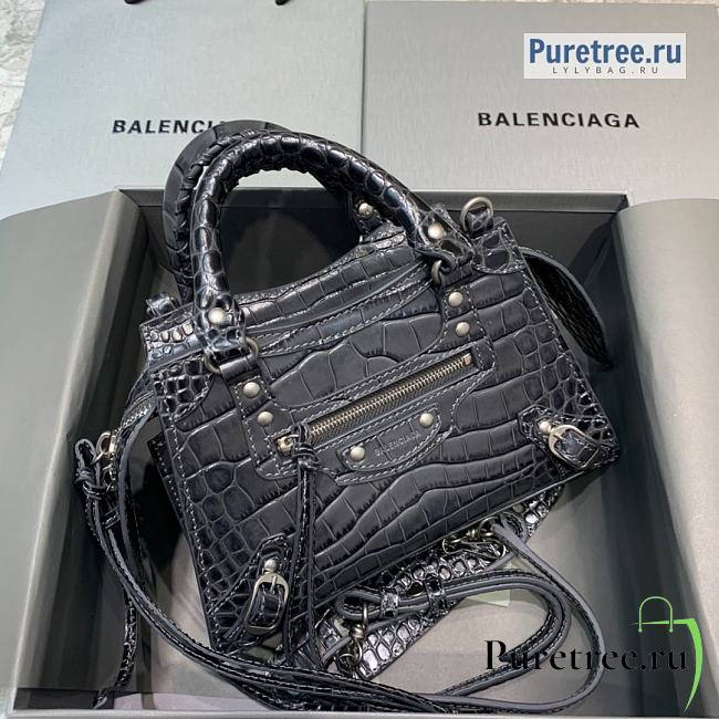 BALENCIAGA | Neo Classic Mini Handbag Crocodile Embossed Silver Hardware In Black - 22 x 9 x 14.5cm - 1