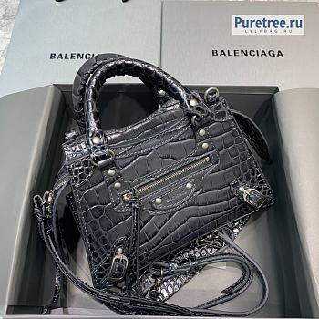 BALENCIAGA | Neo Classic Mini Handbag Crocodile Embossed Silver Hardware In Black - 22 x 9 x 14.5cm
