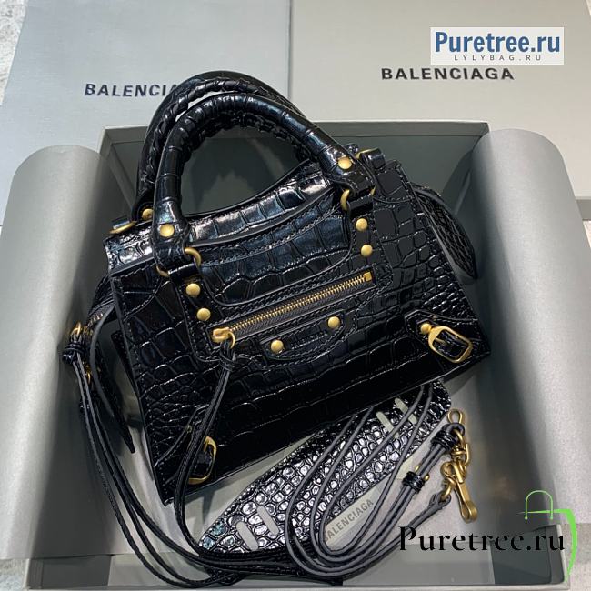 BALENCIAGA | Neo Classic Mini Handbag Crocodile Embossed Gold Hardware In Black - 22 x 9 x 14.5cm - 1