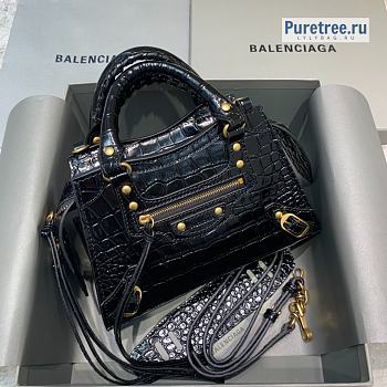 BALENCIAGA | Neo Classic Mini Handbag Crocodile Embossed Gold Hardware In Black - 22 x 9 x 14.5cm