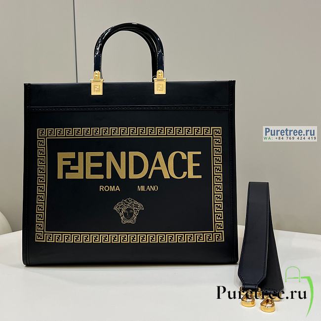 FENDI | Sunshine Medium Fendace Printed Black Leather Logo Shopper - 31 x 17 x 35cm - 1