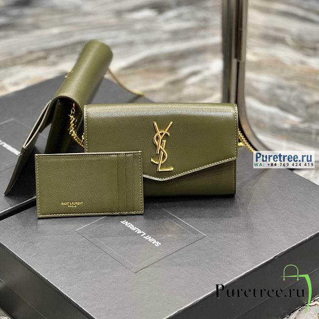 YSL | Uptown Chain Wallet In Olive Green Grain Leather - 19 x 12 x 3cm - 1
