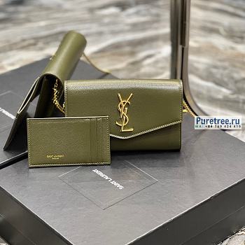 YSL | Uptown Chain Wallet In Olive Green Grain Leather - 19 x 12 x 3cm