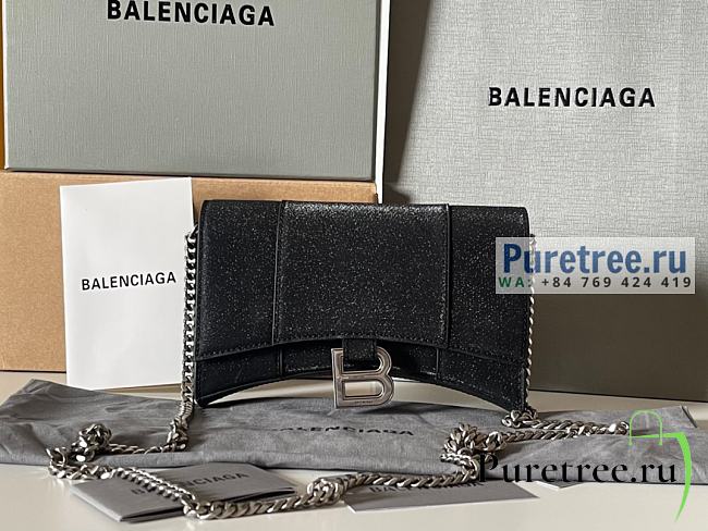 BALENCIAGA | Hourglass Wallet With Chain In Black Glitter Material - 19 x 12 x 5cm - 1