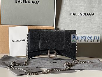 BALENCIAGA | Hourglass Wallet With Chain In Black Glitter Material - 19 x 12 x 5cm