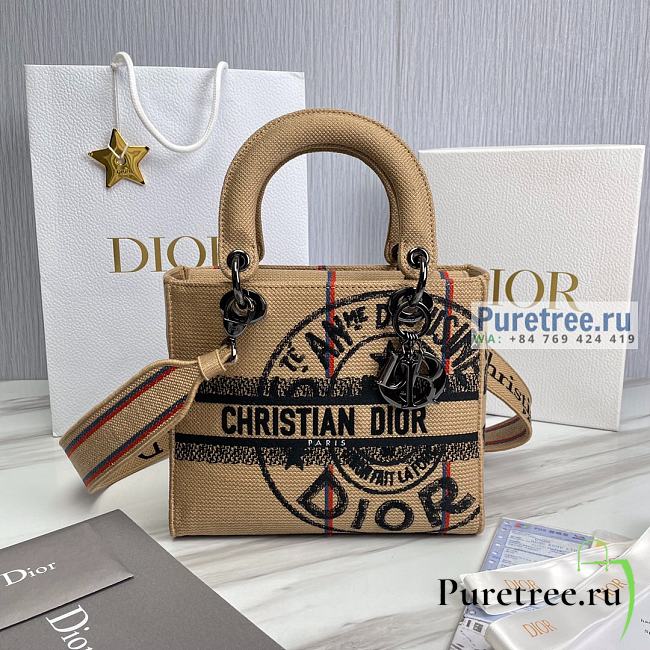 DIOR | Medium Lady D-lite Bag Beige Jute Canvas Embroidered With Union Motif - 24 x 20 x 11cm - 1