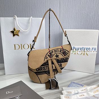 DIOR Saddle Bag Beige Jute Canvas Embroidered With Union Motif 25.5 x 20 x 6.5cm