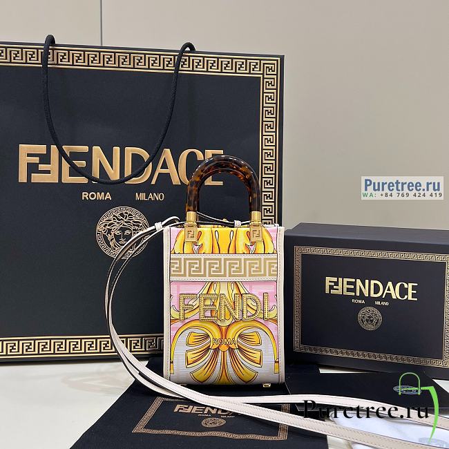 FENDI | Mini Sunshine Shopper Fendace Printed White Leather Mini Bag - 18 x 13 x 6.5cm - 1