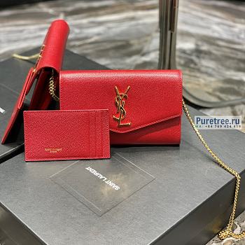 YSL | Uptown Chain Wallet In Red Grain Leather - 19 x 12 x 3cm