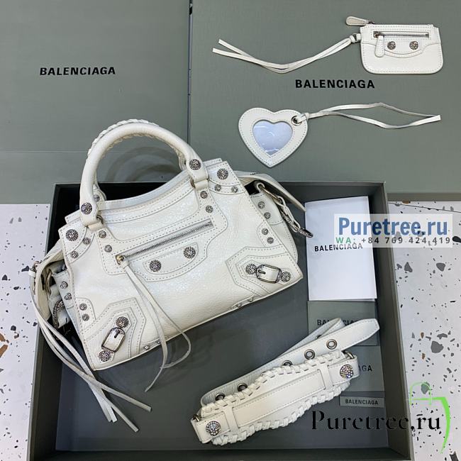 BALENCIAGA | Neo Cagole XS Handbag With Rhinestones In White Lambskin - 26 x 12 x 18cm - 1