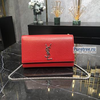 YSL | Kate Medium Chain Bag In Silver/Red Grain Leather - 24 x 14.5 x 5.5cm