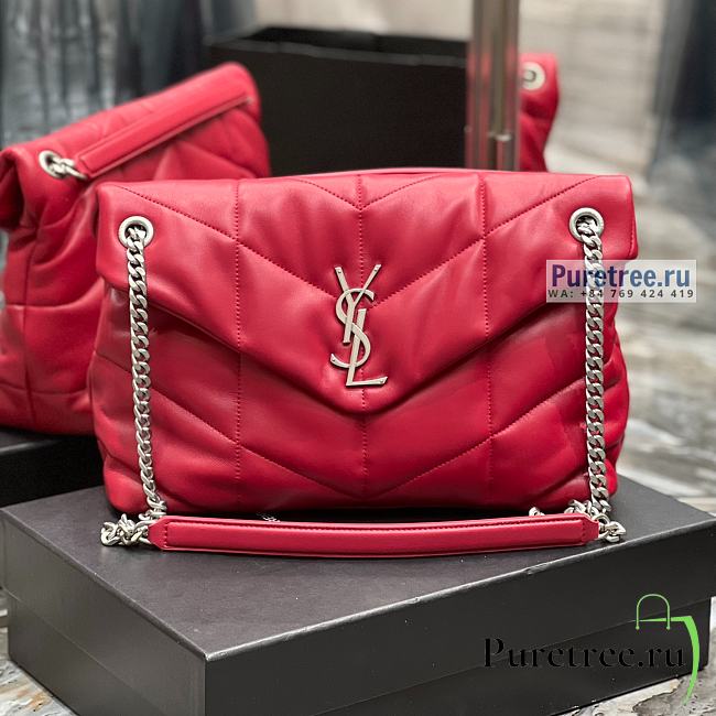 YSL | Puffer Medium Chain Bag In Silver/Red Quilted Lambskin - 35 x 23 x 13.5cm - 1