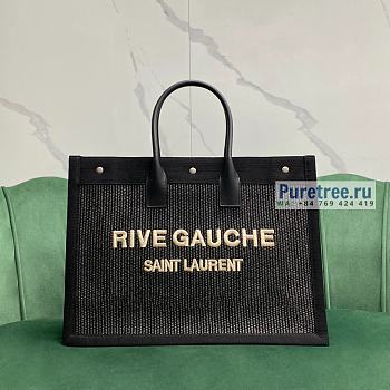 YSL | Rive Gauche Large Tote Bag In Black Embroidered Raffia And Leather - 48 x 36 x 16cm