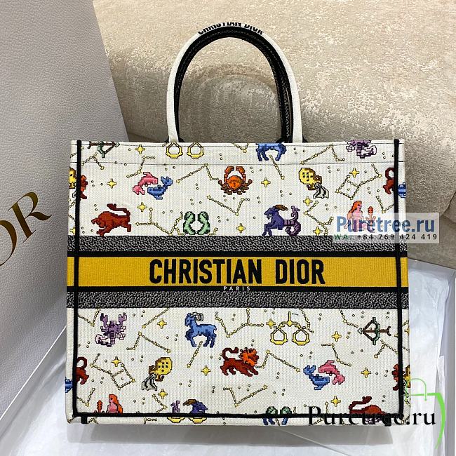 DIOR | Large Book Tote Latte Multicolor Pixel Zodiac Embroidery - 42cm - 1