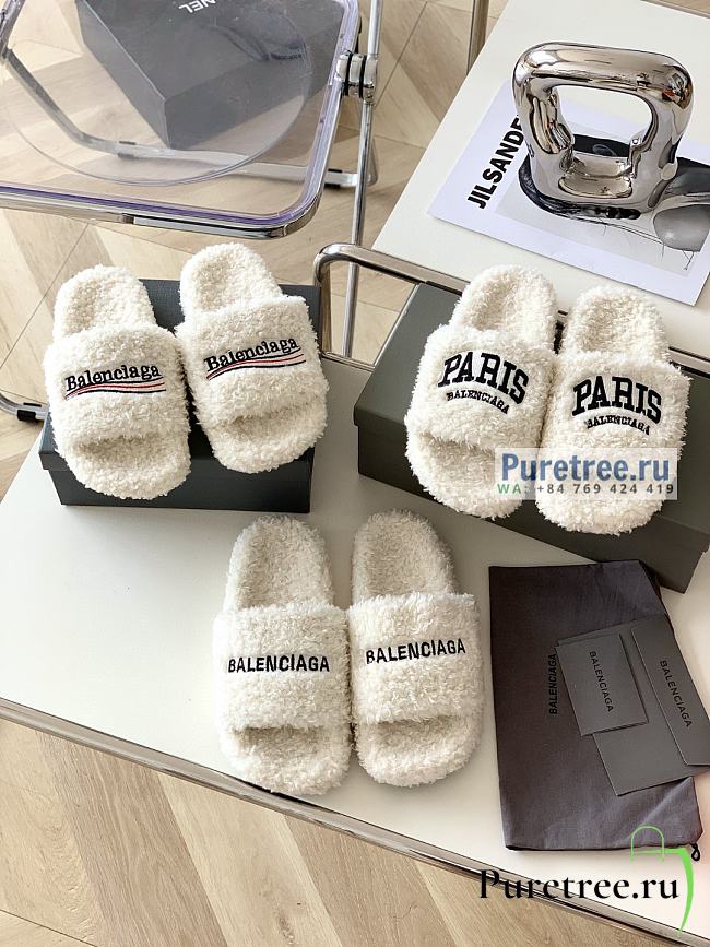 BALENCIAGA | White Furry Slide Sandal - 1