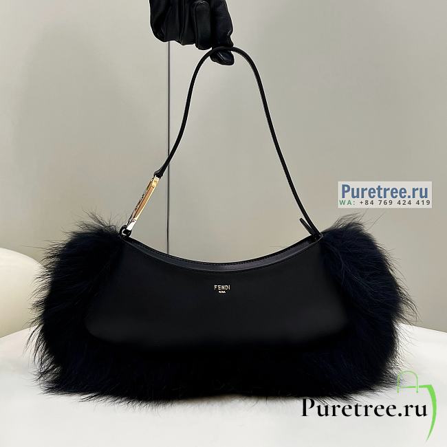 FENDI | O'Lock Swing Pale Black Leather And Fox Fur Pouch - 32 x 5 x 11cm - 1