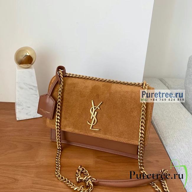 YSL | Sunset Medium Chain Bag In Brown Suede/Leather - 22 x 16 x 6.5cm - 1