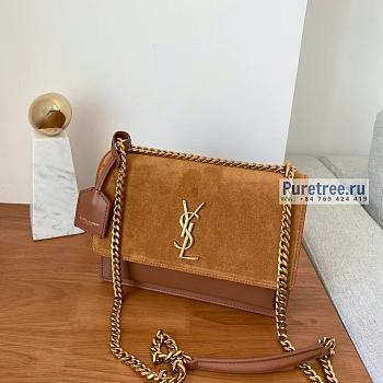 YSL | Sunset Medium Chain Bag In Brown Suede/Leather - 22 x 16 x 6.5cm
