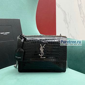YSL | Sunset Medium Chain Bag Black Crocodile Embossed Leather Silver Metal 22x16x9 cm